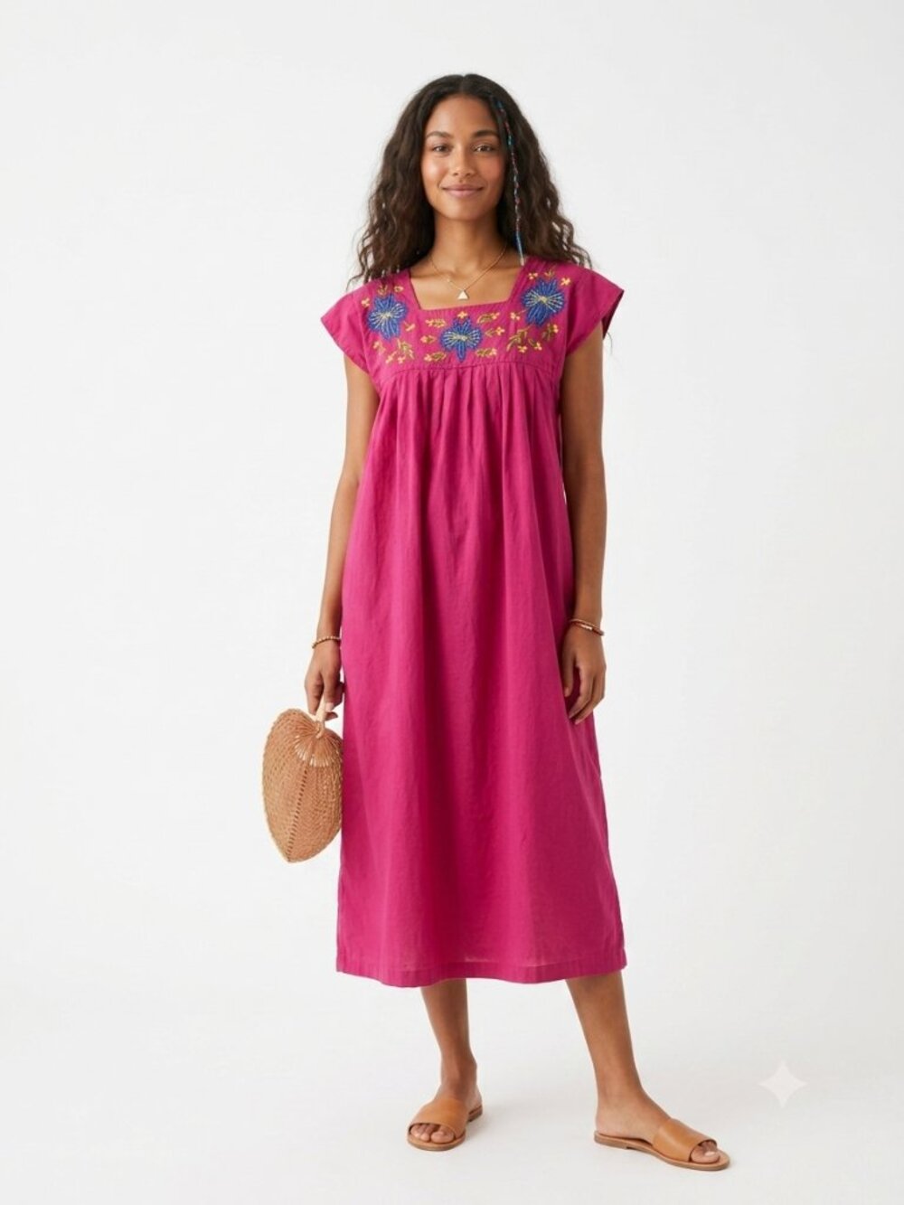 Naqui Dress Pink Embroidered Midi Shift Boho Festival Casual L